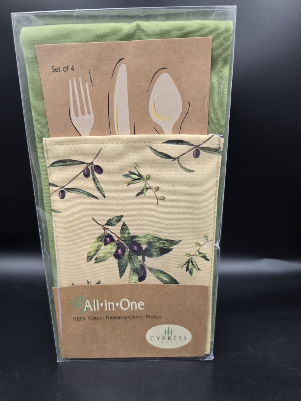 All-in-One Cypress Olive Pocket Napkin Set — Green & Cream (Set of 4)